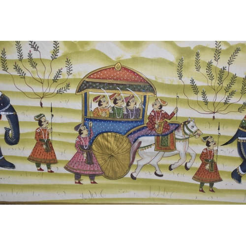 454 - A Pair of Framed Indian Paintings on Silk, Elephant Procession, Each 91x29cm