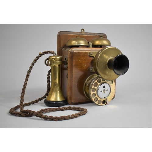 51 - A Wall Hanging Vintage Brass Mounted Wooden Telephone, 21cm high