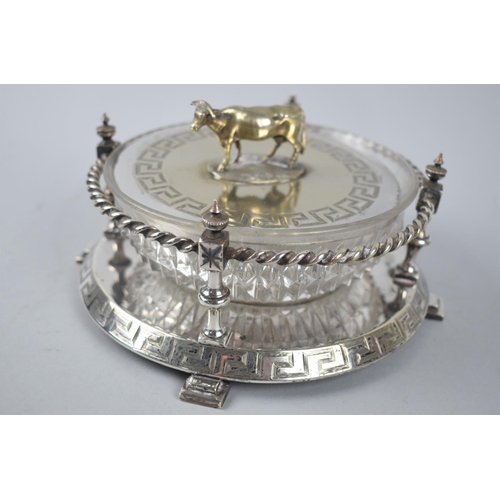 62 - An Edwardian Silver Plate and Glass Butter Dish, the Lid with Cow Finial, Greek Key Decoration, 21cm... 