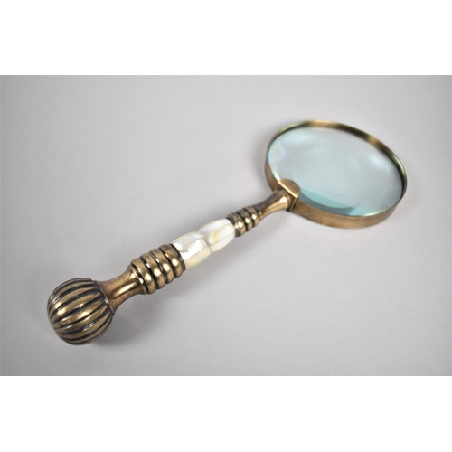 75 - A Modern Large Brass and Mother of Pearl Handled Desktop Magnifying Glass, 26cm long