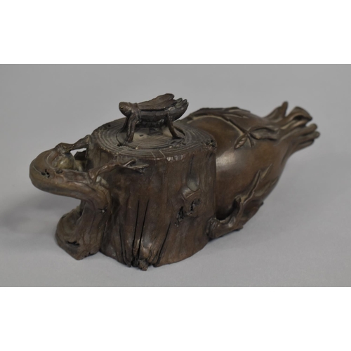 456 - A Chinese Carved Hardstone Teapot in the Form of Trunk and Peach with Cricket Finial and Stylised Ha... 