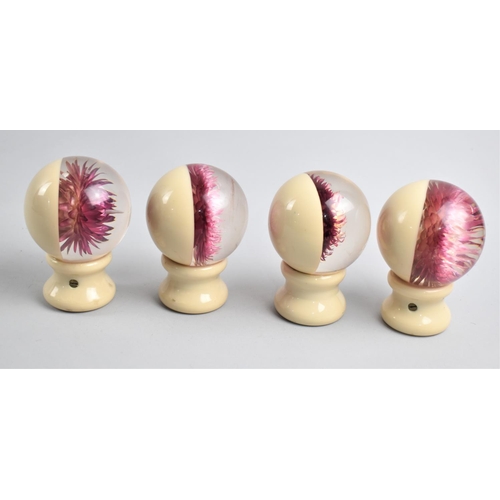 11 - A Set of Four Vintage Bakelite Globular Finials, Decorated Internally with Flowers, Each 8.5cms Long... 