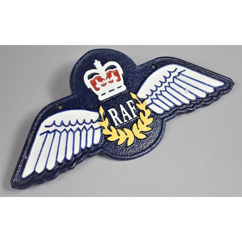 110 - A Reproduction Cast Metal Painted RAF Plaque, 35cms Wide