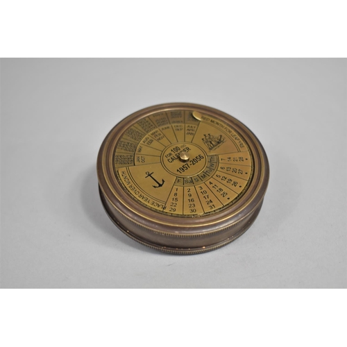 112 - A Reproduction Circular Brass Compass, Screw off lid Engraved with 100 Year Calendar, 1957-2056, 7.5... 