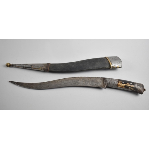 113 - A Vintage North African/Middle Eastern Kindjal Dagger with Curved Blade Inscribed with Lion Hunting ... 