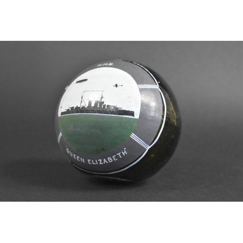 120 - A Hand Painted, Hand Blown Glass Fishing Float, Decorated with HMS Queen Elizabeth, 12cms Diameter