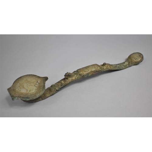 127 - A Chinese Bronze Ruyi Sceptre with Jade Mounts, 30cms Long