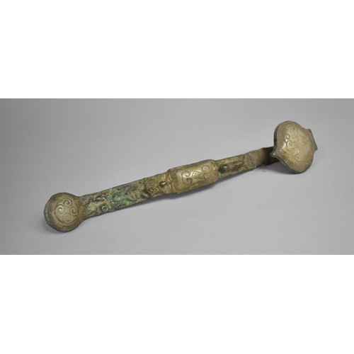 127 - A Chinese Bronze Ruyi Sceptre with Jade Mounts, 30cms Long