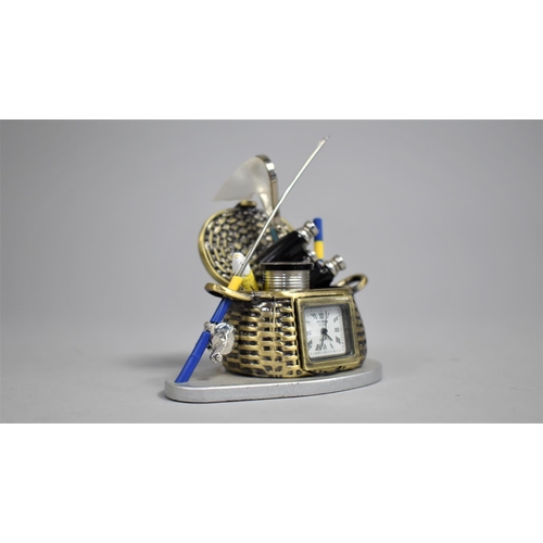 15 - A Miniature Novelty Desk Top Clock in the Form of Fishing Creel, with Angling Accessories, 8cms Long