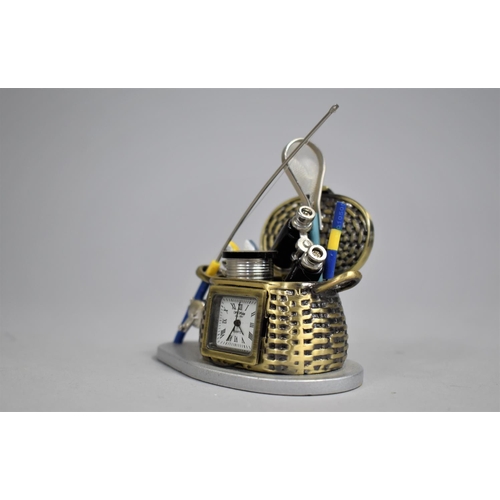 15 - A Miniature Novelty Desk Top Clock in the Form of Fishing Creel, with Angling Accessories, 8cms Long