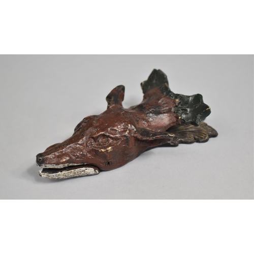 35 - A Cold Painted Bronze Letter Clip in the Form of a Fox Mask, 15cms Long