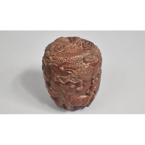 4 - A Carved and Signed Chinese Oriental Box Decorated with Animals and Dragon, 8cms High