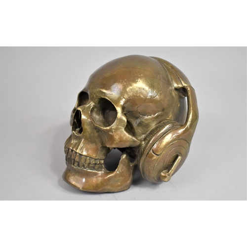 40 - A Modern Heavy Bronze Study of Skull with Headphones, 17cms High