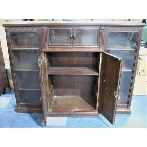 455 - A Early 20th Century Mahogany Breakfront Display Cabinet with Central Panelled Cupboard Opening to R... 