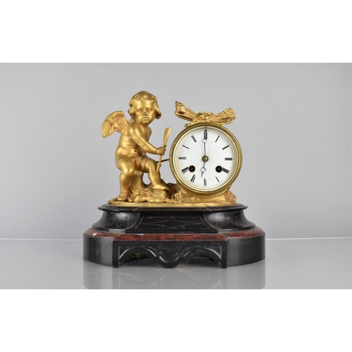 48 - A French Gilt Bronze Figural Drum Clock on Slate and Marble Breakfront Plinth, Mounted with Cupid wi... 