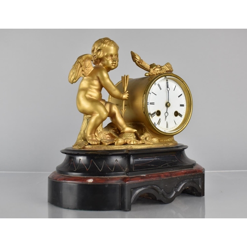 48 - A French Gilt Bronze Figural Drum Clock on Slate and Marble Breakfront Plinth, Mounted with Cupid wi... 