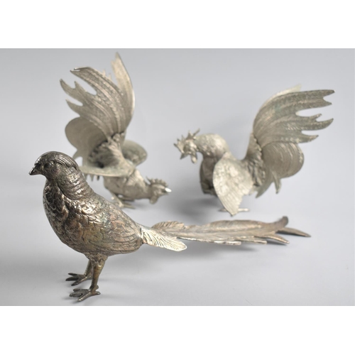 64 - A Silver Plated Study of a Golden Pheasant and a Pair of  White Metal Fighting Cocks