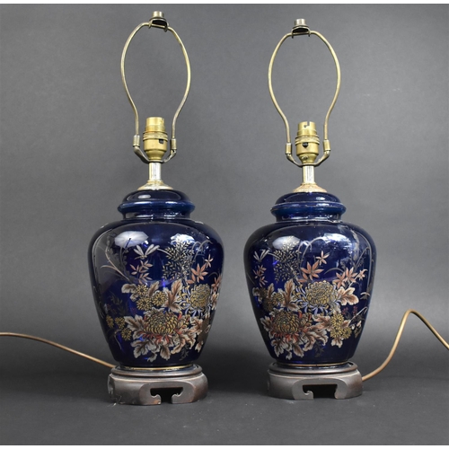 66 - A Pair of Decorated Cobalt Blue Glass Vase Shaped Table Lamps, No Shades, 50cms High