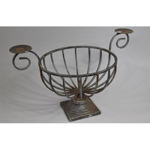 71 - A Modern Wrought Iron Bowl Stand with Pair of Scrolled Candle Prickets, 50cms Wide