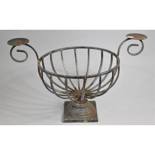 71 - A Modern Wrought Iron Bowl Stand with Pair of Scrolled Candle Prickets, 50cms Wide