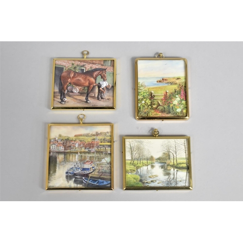 81 - A Collection of Four Brass Framed Miniatures Depicting River and Rural Scenes