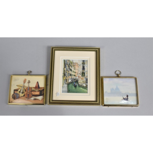 85 - A Collection of Three Brass Framed Miniature Paintings, Two of Venice, Patricia Eades and one of Mus... 