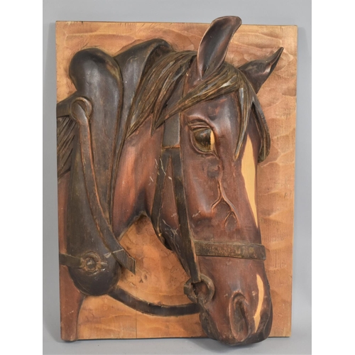 89 - A Large Carved Wooden Relief Study of Heavy Horse in Harness, 50cms by 36cms