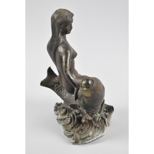 11 - A Patinated Bronze Figure Group, Mermaid Sat on Carp with Pearl in Mouth, 20.5cms High