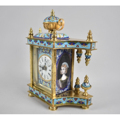 21 - A Continental Brass and Enamel Mantel Clock of Ornate Form with Printed Portrait Panels Either Side,... 