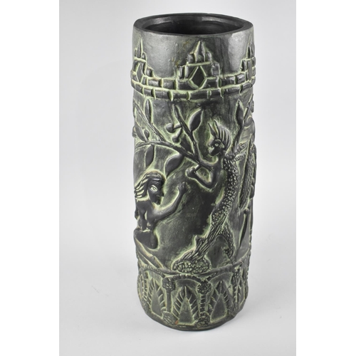 41 - A Stained Terracotta Cylindrical Stick Stand Decorated in relief with Adam and Eve, Probably German,... 