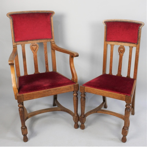 443 - A Set of Six Mid 20th Century Oak Framed Dining Chairs in the Arts and Crafts Manner with Spindled B... 