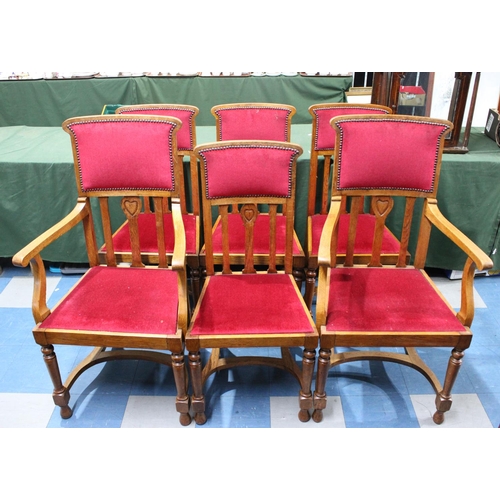 443 - A Set of Six Mid 20th Century Oak Framed Dining Chairs in the Arts and Crafts Manner with Spindled B... 