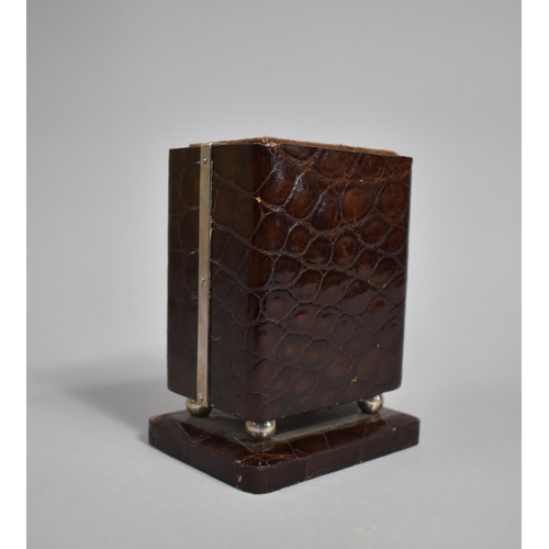 61 - A Sterling Silver Mounted Crocodile Skin Playing Card Box for Two Packs, Probably American, 10cms Wi... 