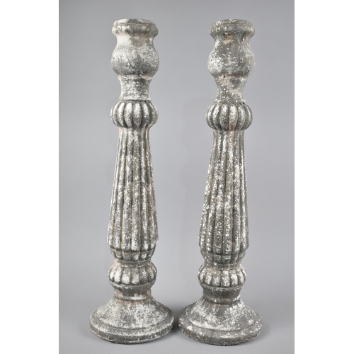 62 - A Pair of Large Modern Reproduction Reeded Column Stone Effect Candlesticks, 52cms High