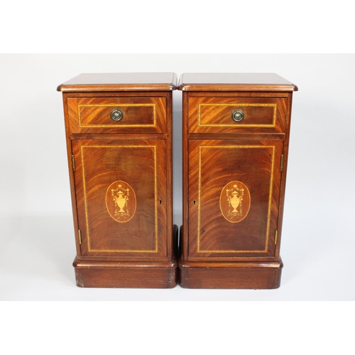 63 - A Pair of Reproduction Inlaid Mahogany Bedside Cabinets with Top Drawers and Shelved Cupboard Base, ... 