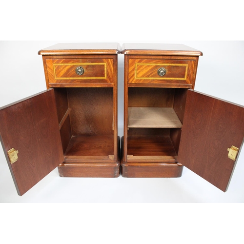 63 - A Pair of Reproduction Inlaid Mahogany Bedside Cabinets with Top Drawers and Shelved Cupboard Base, ... 