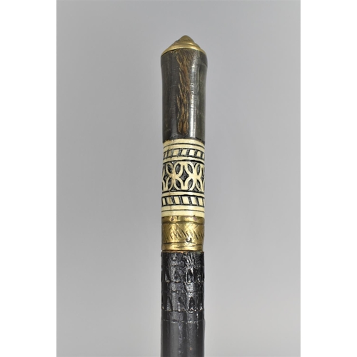 1 - An Anglo Indian Colonial Sword Stick with Bone and Buffalo Horn Handle, Ebonized Shaft and Brass Fer... 