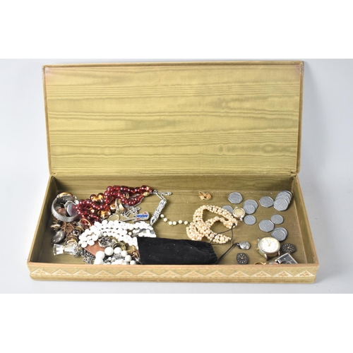 15 - A Velvet and Satin Covered Continental Chocolate Box Containing Costume Jewellery, 43cms Wide