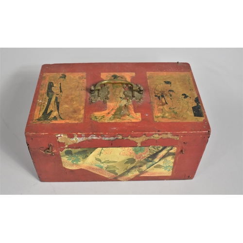 17 - An Edwardian painted Sewing box with removable Tray and Chinoiserie Panels to Hinged Lid and Sides, ... 