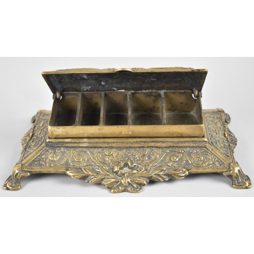 27 - A Late 19th/Early 20th century French Brass Five Division Stamp Box with Relief Decoration, 22cms Wi... 