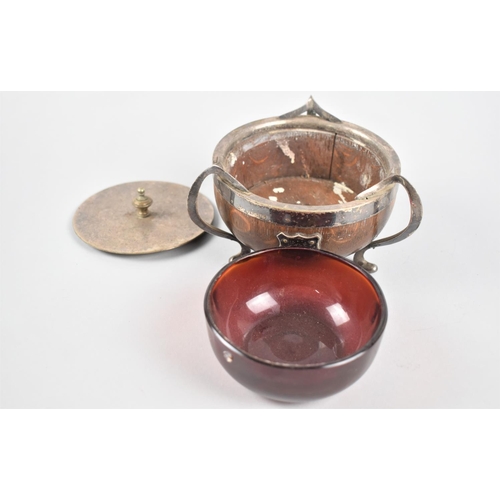 51 - A Silver Plate Mounted Wooden Arts and Crafts Sugar Bowl Stand with Unrelated Ruby Glass Liner, 12cm... 