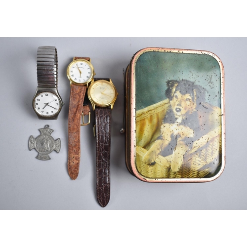 460 - A Vintage Tin Containing Three Watches, Victorian Golden Jubilee Medallion Etc