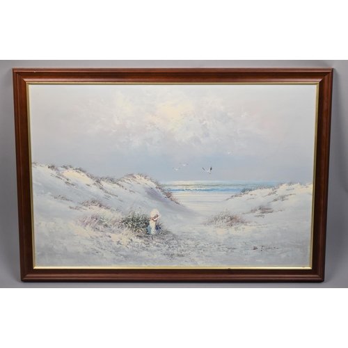 462 - A Large Framed Oil on Canvas, Seascape with Seagulls and Young Child in Dunes, 90x60cm diameter