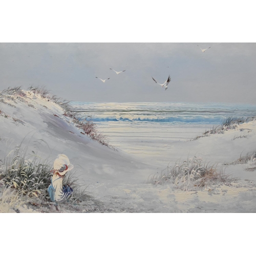 462 - A Large Framed Oil on Canvas, Seascape with Seagulls and Young Child in Dunes, 90x60cm diameter