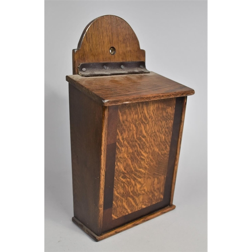 1 - A Crossbanded Oak and Mahogany Wall Hanging Candle Box with Hinged Sloping Lid, 31cms High