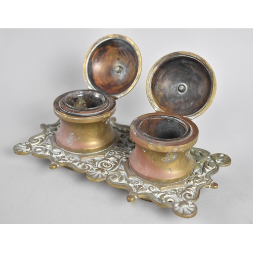 19 - A Vintage French Brass Two Division Inkstand, One Pot Missing Glass Liner, 17.5cms Wide