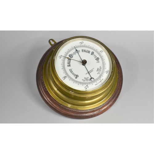 6 - A Late Victorian/Edwardian Brass Cased Wall Hanging Ships Aneroid Barometer, Mounted on Wooden Hangi... 