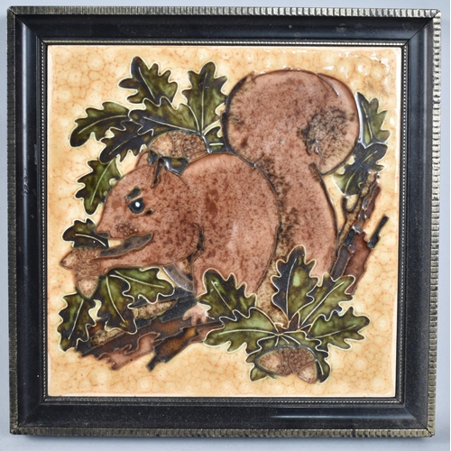 98 - A Framed Maws Decorated Tile, Squirrel with Acorns, 20.5cms Square