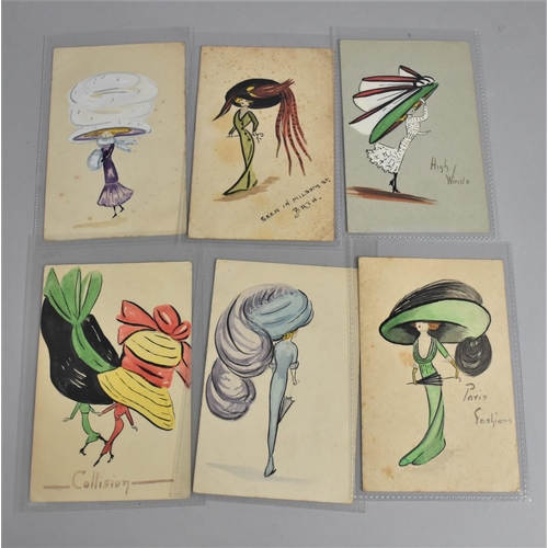 13 - A Collection of Six Hand Painted Unused Vintage Fashion Postcards