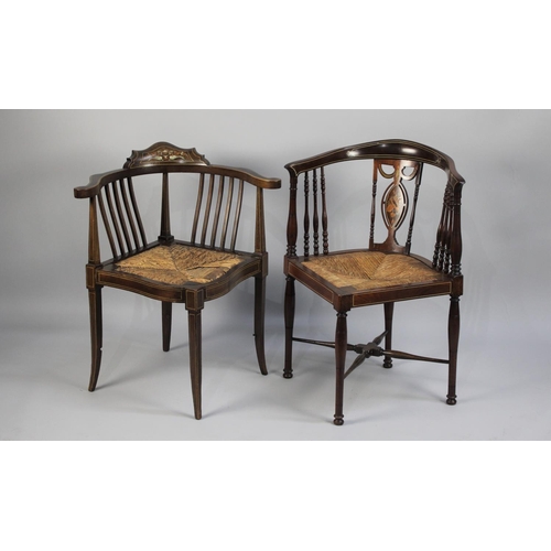 465 - Two Edwardian Inlaid Rush Seated Corner Armchairs